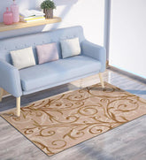 Machine washable beige and tan rug with elegant pattern.